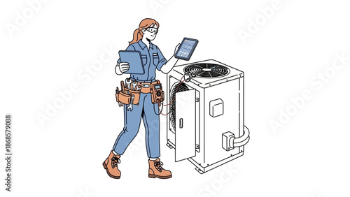 Skilled female technician performing detailed inspection and maintenance on an outdoor HVAC unit, ensuring optimal performance and efficiency for climate control systems