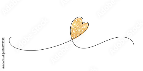 Glitter golden heart. Continuous line drawing. Valentine's day design. Frame boarder.