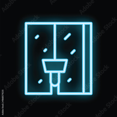 Glowing blue neon icon representing an elevator undergoing maintenance, suitable for various applications