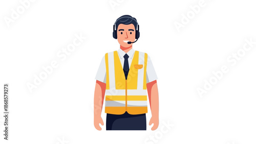 Male airport ground staff member wearing a hi-vis vest and headset, ready for dispatch duties