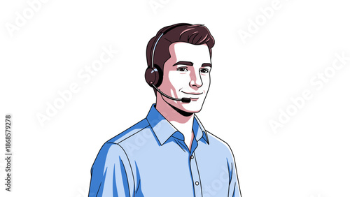 Professional customer support agent wearing a headset, ready to assist with a friendly smile