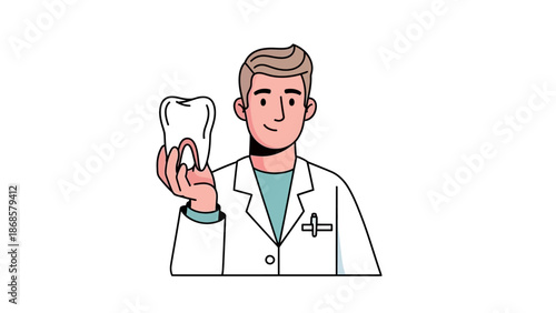 Professional male dentist character in a medical uniform holding a healthy white tooth, symbolizing expert dental care, oral hygiene, and modern dentistry practices