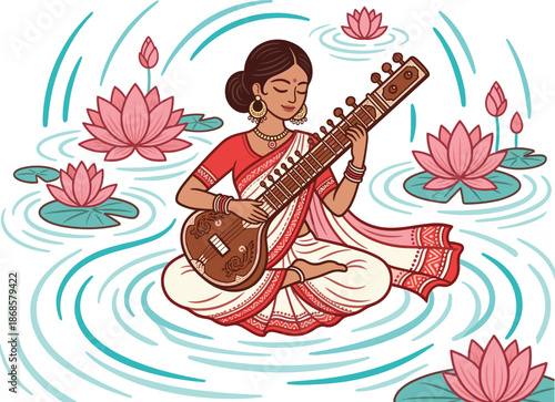 Goddess Saraswati illustration playing veena on lotus water, Hindu spiritual art, knowledge and music symbolism, Saraswati Puja and Vasant Panchami theme