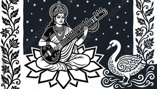 Goddess Saraswati night illustration playing veena with swan, Hindu spiritual art, celestial background, Saraswati Puja and Vasant Panchami design