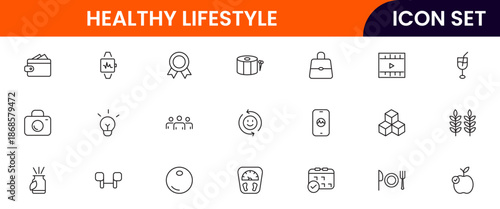 Vibrant vector web line icons depicting healthy lifestyle, fitness, nutrition, wellness, exercise, and balanced habits for vibrant living.