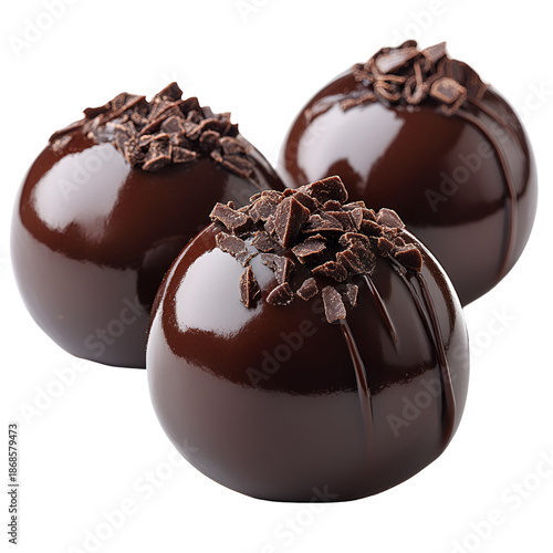Three chocolate truffles against transparent background