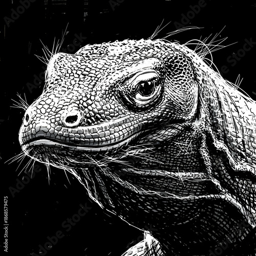 Close up lizard head in high contrast.