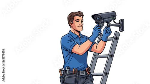 Skilled technician installing security camera on wall using ladder, tool belt with equipment