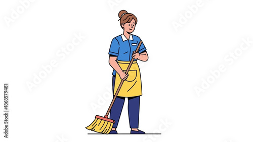 Professional cleaner in uniform with broom, ready for janitorial duties, illustration