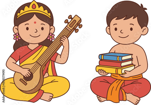 Cute Saraswati Puja cartoon illustration, child Goddess Saraswati with veena and student holding books, Hindu education and knowledge theme