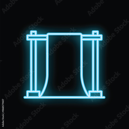 Neon blue icon of cloth hanging on crossbar isolated on a black background
