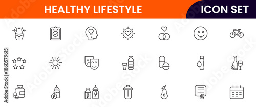Vibrant vector web line icons depicting healthy lifestyle, fitness, nutrition, wellness, exercise, and balanced habits for vibrant living.