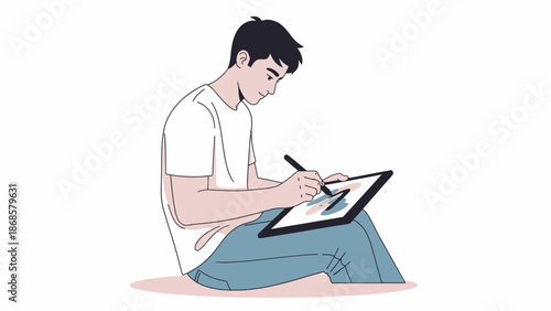A focused young man passionately engaged in digital art creation, sketching vibrant designs on a tablet with a stylus, embodying modern creativity and artistic expression in a digital workspace