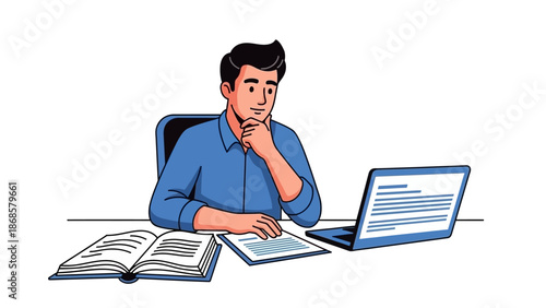 Thoughtful professional contemplating solutions at his desk, analyzing data on a laptop while surrounded by books, embodying focused problem-solving and strategic thinking