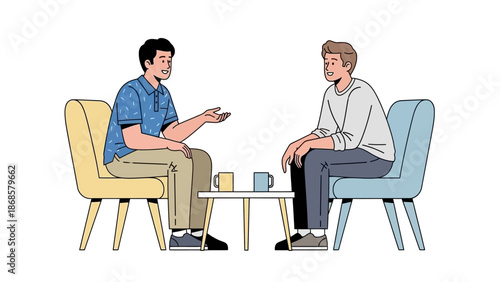 Two young men engaged in an animated conversation, sharing ideas and building connections during a casual meeting or friendly discussion in an informal setting