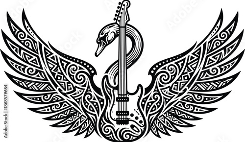 Abstract veena with swan wings illustration, Hindu spiritual music symbol, Goddess Saraswati concept, Indian culture, decorative black and white art