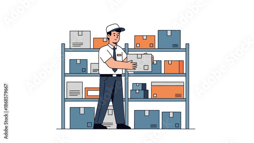 Dedicated warehouse professional meticulously organizes packages on multi-tiered shelves, streamlining logistics and ensuring efficient inventory management in a modern storage facility