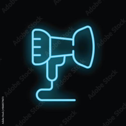 Blue glowing neon sign showing a hair dryer icon on a dark background
