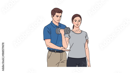 Illustration of a professional physical therapist assisting a female patient with a bicep curl using a dumbbell, emphasizing proper form for strength training and recovery