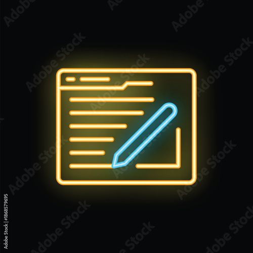 Vibrant neon icon depicting a stylus pen actively writing on a digital tablet, set against a dark background
