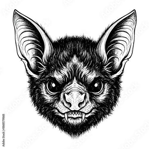 Detailed Bat Head Illustration Portrait in Pen.