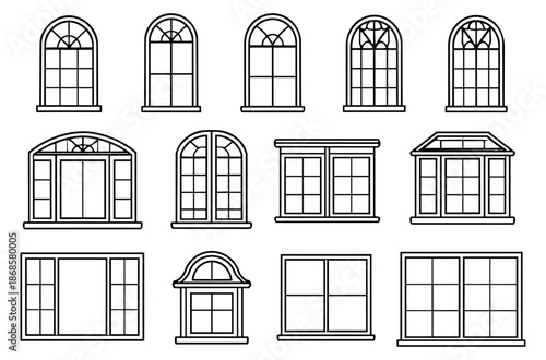 Line art window set featuring different shapes and architectural styles for building design