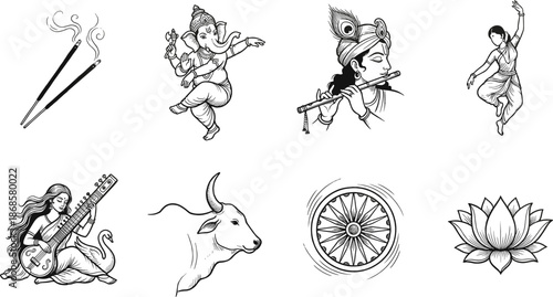 Hindu culture line art icons set, gods and symbols illustration, Indian mythology, spirituality, religion, traditional festival and devotional elements collection