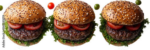 Three closeup hamburgers with transparent background