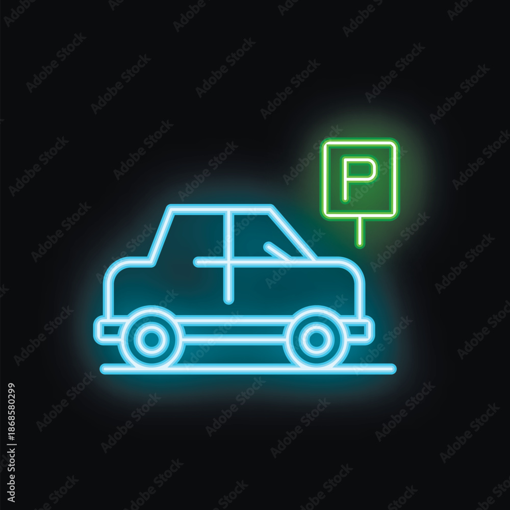 Obraz premium Neon car parking icon glowing on a dark background, great for any transportation project