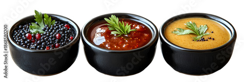 Three colorful appetizer dishes on transparent background