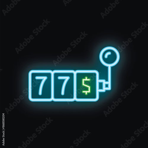 Neon slot machine showing winning numbers 777 and dollar sign for online casino, gambling, winning, jackpot and luck