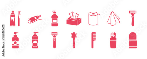 Personal hygiene product icons in a flat style. This vector illustration contains sanitary pads, soap, washcloths, cotton pads, toothbrushes, napkins, and razors.