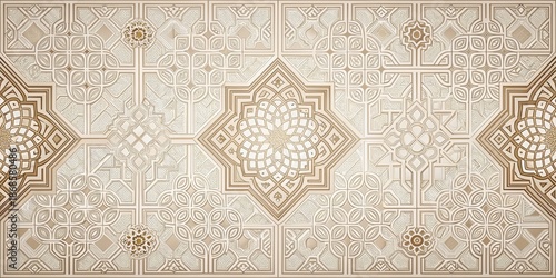 Intricate Beige and White Geometric Pattern Design Featuring Elaborate Interlocking Shapes and Floral Motifs