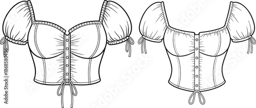 Women corset top technical fashion illustration, puff sleeve button front design, front and back view, feminine apparel flat sketch