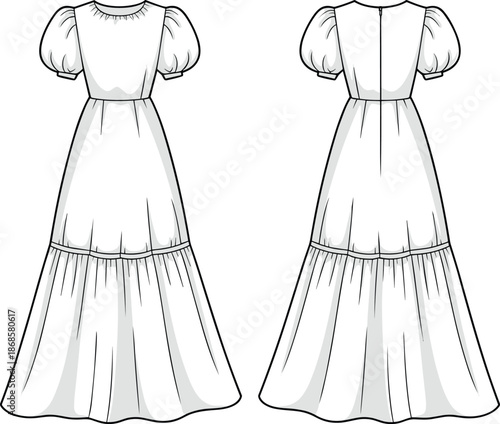 Women long dress technical fashion illustration, puff sleeve maxi dress design, front and back view, elegant apparel flat sketch