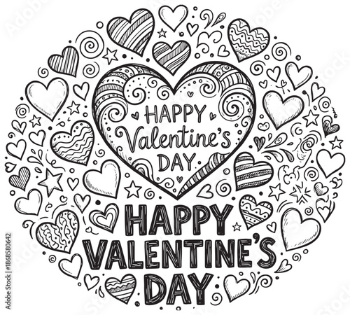 coloring book for Adult. Design for wedding invitations and Valentine's Day of abstract flowers, hearts, envelope, arrow, heart, bird, kiss, butterfly