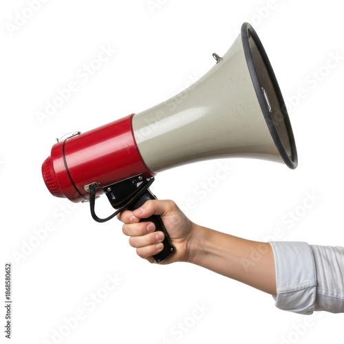 Hand holding megaphone isolated on transparent background