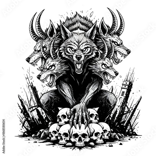 Mythical Multi Headed Demon Creature Portrait.