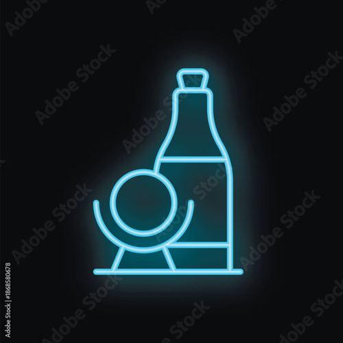 Blue neon sign representing a bottle chilling in an ice bucket, isolated on a black background