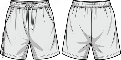 Men shorts technical fashion illustration, elastic waistband with drawstring, front and back view, casual sportswear apparel flat sketch