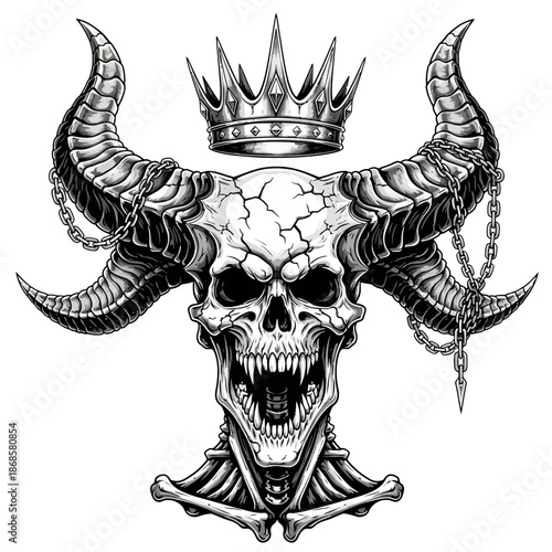 Skull with Crown and Horns Illustration.