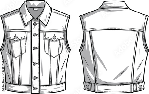 Denim vest technical fashion illustration, front and back view, sleeveless jean jacket line drawing, casual menswear apparel flat sketch