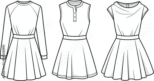 Women dress technical fashion illustration set, long sleeve and sleeveless styles, feminine apparel line drawing, modern clothing flat sketch