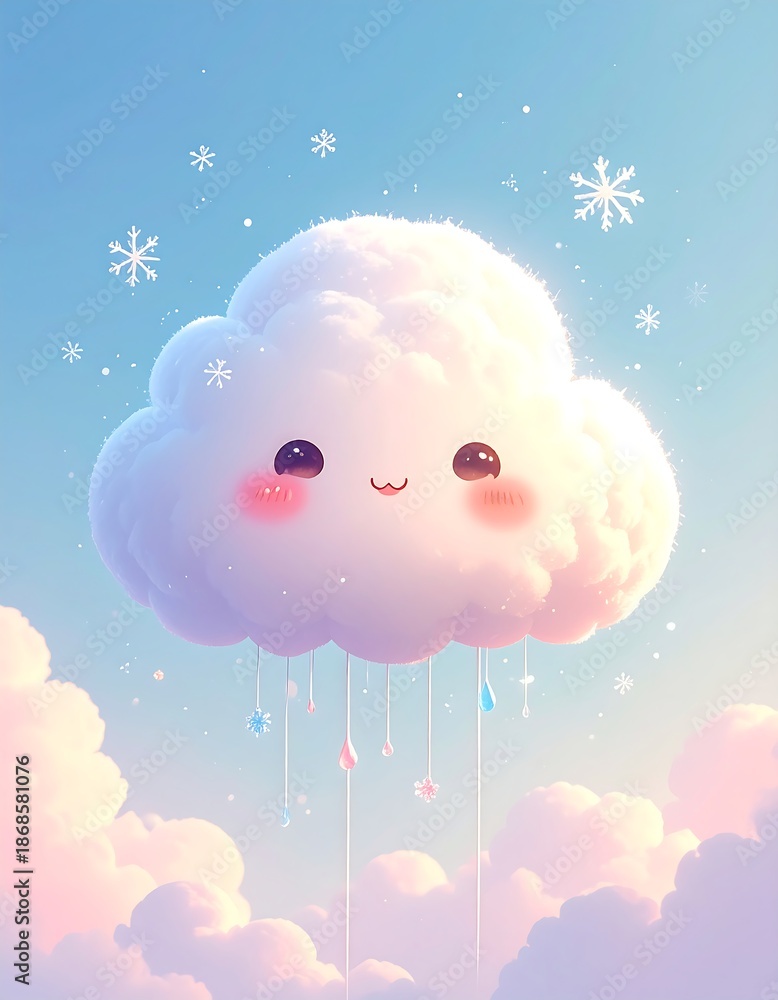 Fototapeta premium A cute, fluffy cloud with a smiling face floating in a pastel blue sky adorned with snowflakes and dangling ornaments. Lower, soft clouds