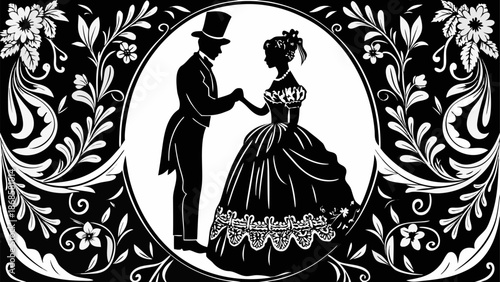 Elegant Victorian couple dancing in ornate floral pattern