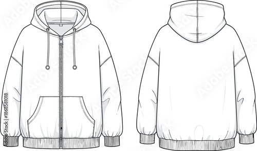 Zip up hoodie technical fashion illustration, front and back view, hooded sweatshirt line drawing, casual menswear apparel flat sketch