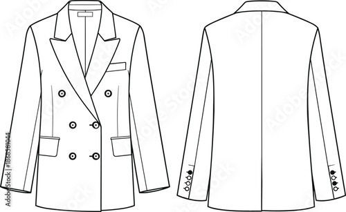 Double breasted blazer technical fashion illustration, front and back view, tailored jacket line drawing, menswear apparel design flat sketch