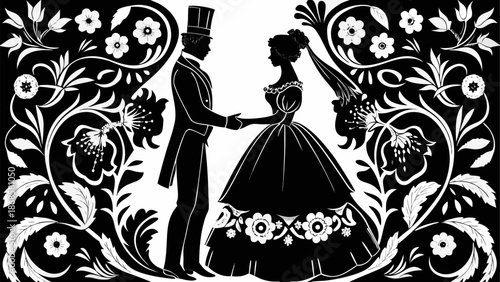 Elegant Victorian couple dancing in floral pattern silhouette