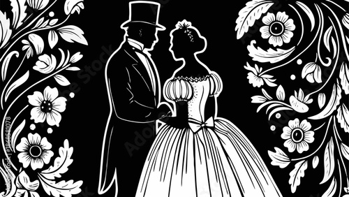 Elegant Victorian couple in formal attire with floral designs
