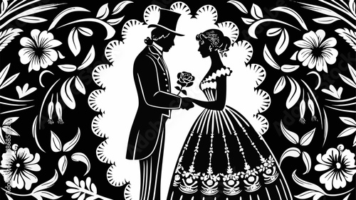 Elegant Victorian couple dancing in floral pattern background